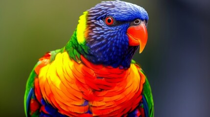 A colorful bird, possibly a parrot, its plumage vibrant and beak rounded, perches on a tree branch.