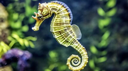 A seahorse, its form full and intricate, swims in an aquarium, surrounded by other marine creatures.