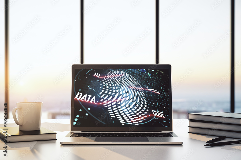 Aufkleber Computer monitor with abstract fingerprint scan interface, digital access concept. 3D Rendering