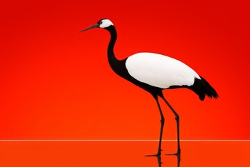 A black and white bird, possibly a Japanese crane, stands on a red surface, its surrealistic form captivating.
