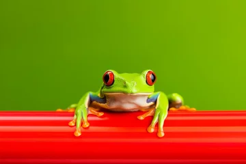 Foto op Canvas A frog, its colors psychedelic and posture cute, sits atop a red tube, its perspective unique. © Duka Mer