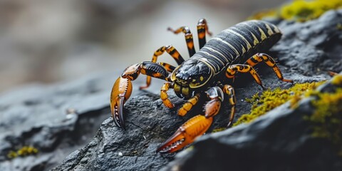 A scorpion, its tail prominent and claws long, rests on a rock, its form resembling a tiger-crab creature. - obrazy, fototapety, plakaty