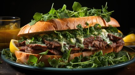 beef steak sandwich with arugula and mustard sauce