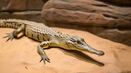 Fototapeta premium A small alligator, its teeth crocodile-like and skin scaled, rests on a rock, adapted to its environment.