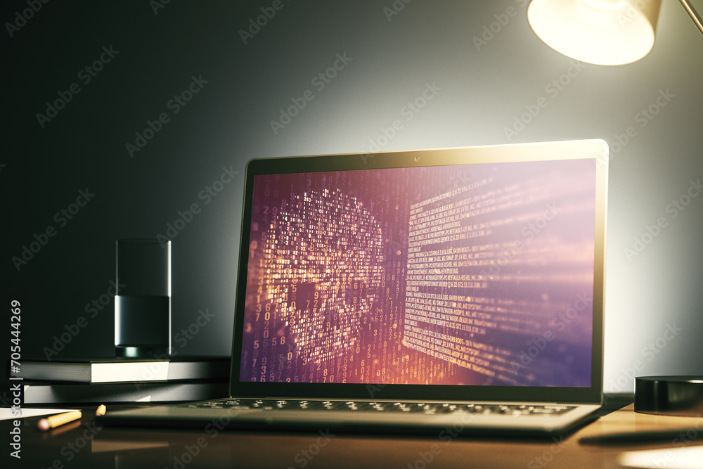 Aufkleber Modern computer monitor with creative code skull hologram. Malware and cyber crime concept. 3D Rendering