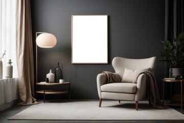 Interior home design of modern living room with beige wing chair and white blank canvas frame for mock up