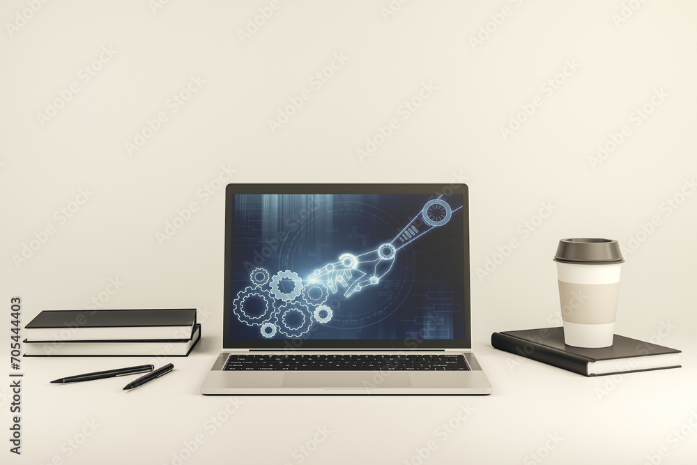 Aufkleber Creative abstract robotics technology hologram on modern computer monitor, artificial intelligence and machine learning concept. 3D Rendering