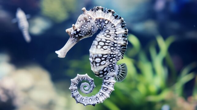 A seahorse, possibly a cat seahorse shapeshifter, swims in an aquarium, its background ornate and sea-like.