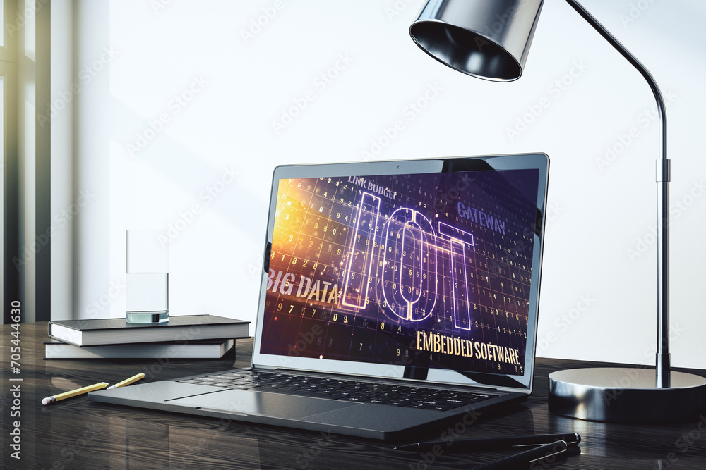 Fototapete modern computer monitor with creative iot hologram, research and development concept. 3d rendering