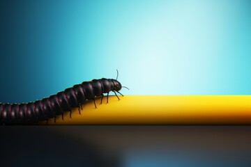 A large, dark insect, resembling a centipede, rests atop a yellow cylinder. - obrazy, fototapety, plakaty
