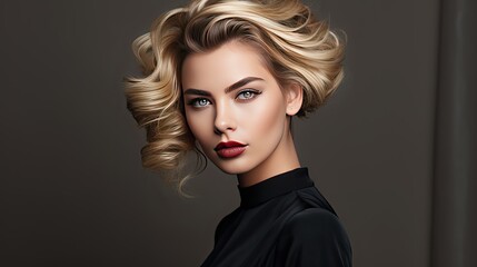Fototapeta premium Beautiful blonde haired with stylish hairstyle. Woman with a curly hair. Closeup portrait of an attractive girl with a brown makeup. Generative AI