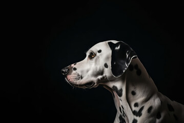A Dalmatian, its coat a pattern of black spots on white, stands against a black background.