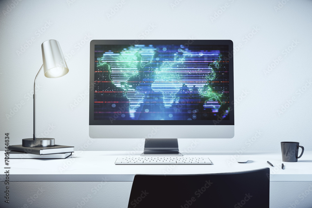 Poster computer monitor with abstract creative digital world map, globalization concept. 3d rendering