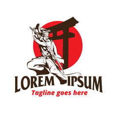 Samurai Warrior ready his long sword katana in fight stance position.