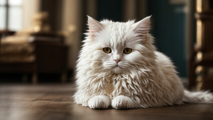 photos capturing the White Persian Cat in moments of quiet majesty as it explores the floor use a solid color background to accentuate the cat's royal presence and focus on the details of its luxuriou
