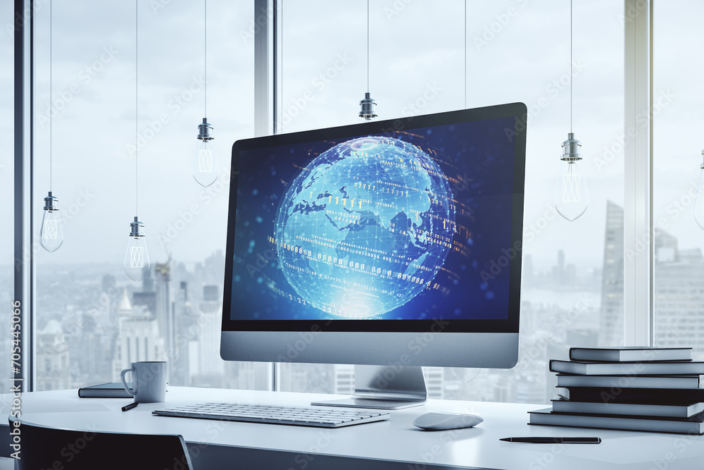 Poster Modern computer screen with abstract creative coding sketch and world map, artificial intelligence and neural networks concept. 3D Rendering