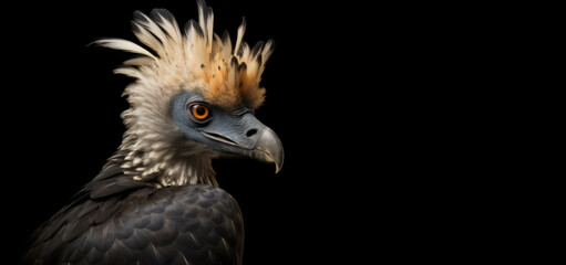 Obraz premium A bird, its head feathered and beak sharp, stands out against a black background.