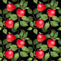 Fruit seamless pattern of red apples and leaves on a black background. Hand drawn illustration with watercolor and marker.Texture for healthy food packaging, print on fabric, paper, harvest.