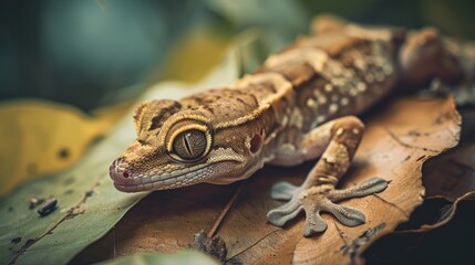 A gecko, its details sharp, rests on a leaf, its expression intense.