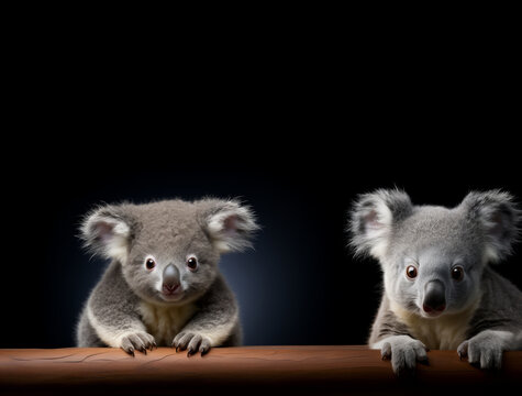 A pair of koalas, their gaze focused, sit atop a wooden log.