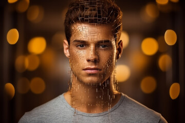 A man's face, covered by a wire mesh, presents a detailed and attractive portrait. - obrazy, fototapety, plakaty
