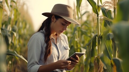 Woman farmer with a digital tablet Smart farming and precision agriculture