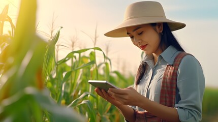 Fototapeta premium Young asian woman hand smart farmer using modern digital technology using smartphone in garden