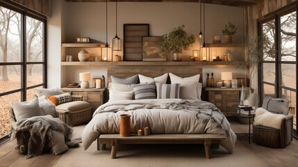 Fototapeta premium A cozy and inviting master bedroom with a rustic, lodge-like feel