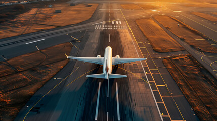 Aerial view of narrow body aircraft departing airport runway with sunrise, Ai generated. - Powered by Adobe