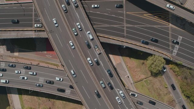 Drone Shot of Busy Highway Interchange With Moving Traffic in Seoul, South Korea (along the Han River)