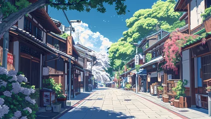 Muurstickers A japanese street in an anime © ginstudio