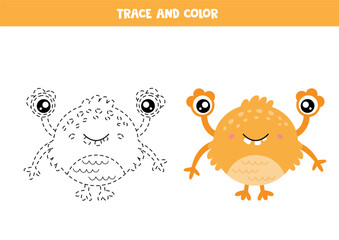 Trace and color cute cartoon yellow monster. Worksheet for children.
