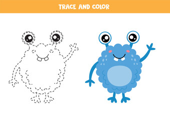 Trace and color cute cartoon blue monster. Worksheet for children.