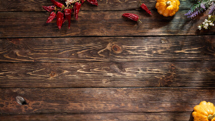 Rustic wooden background with vibrant autumn harvest accents, perfect for seasonal displays, top...