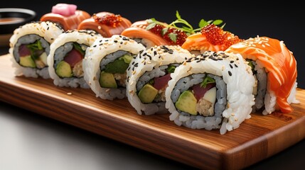 Closeup of delicious Japanese food with sushi roll with salmon, avocado, tuna and cucumber filling.