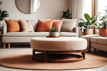 Scandinavian interior home design of modern living room with beige sofa and wooden round table