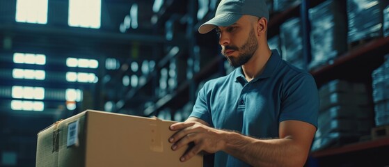 Worker man checklist goods at the warehouse. - obrazy, fototapety, plakaty