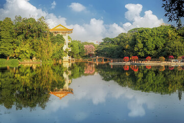 Zhongshan park is located at the waterfront of Fenjiang river, in the Chancheng district of Foshan city, Guangdong Province, China. Landscape view. 