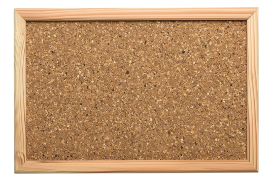 Empty bulletin board with wooden frame isolated on transparent background