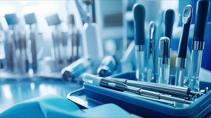 Macro image of dental tools and equipment being sterilized and prepared for use during a dental procedure aided by AI software.