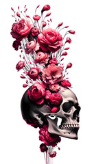 skull with colorful flowers isolated on a transparent background pink