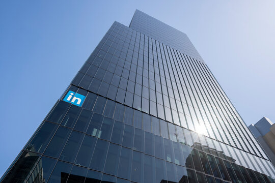 San Francisco, CA, USA - May 1, 2022: Low angle view of LinkedIn's San Francisco headquarters building. LinkedIn is a business and employment-oriented online service owned by Microsoft.