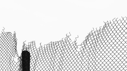 black silhouette of Chain link fence. Metal Wire Fence. Wire grid construction. High net fence with barbed wire, concrete pole, beam isolated on white background. illustration.