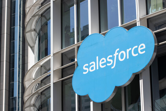 San Francisco, CA, USA - May 1, 2022: Salesforce logo is seen on the facade of Salesforce Tower at its headquarters in San Francisco, California. Salesforce, Inc. is a cloud-based software company.