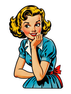 Vintage sticker, cartoon blonde girl, pin up girl, 1950s, on transparent background.