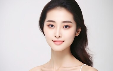 Naklejka premium Asian women portrait. Beautiful young Asian woman with clean fresh skin isolated on white background. Face care, facial treatment, cosmetology, beauty and spa poster or banner. AI Generative.