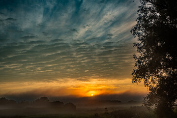 Fototapeta na wymiar This striking image portrays the majesty of a sunrise over fields cloaked in mist. The sun appears as a fiery orb on the horizon, its glow seeping through the low-lying fog and casting a warm amber