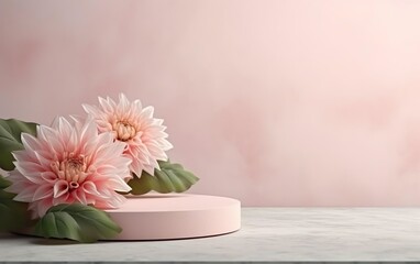 Fototapeta na wymiar Peach color. Pastel pink dahlia flower leaves podium stone stage pedestal natural mock up. Product promotion beauty cosmetic pedestal. Twist plank template. Studio minimal showcase. AI Generative.