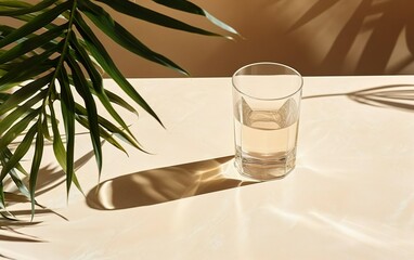 Glass of water, palms leaves. Long harsh shadows. Beige table background in sunlight. Blank business, greeting card, invitation mockup scene. Summer tropical stationery still life scene. AI Generative