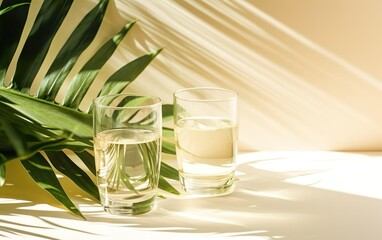 Two glasses of water, palms leaves. Long shadows. Beige table background in sunlight. Blank business, greeting card, invitation mockup scene. Summer tropical stationery still life scene. AI Generative - Powered by Adobe